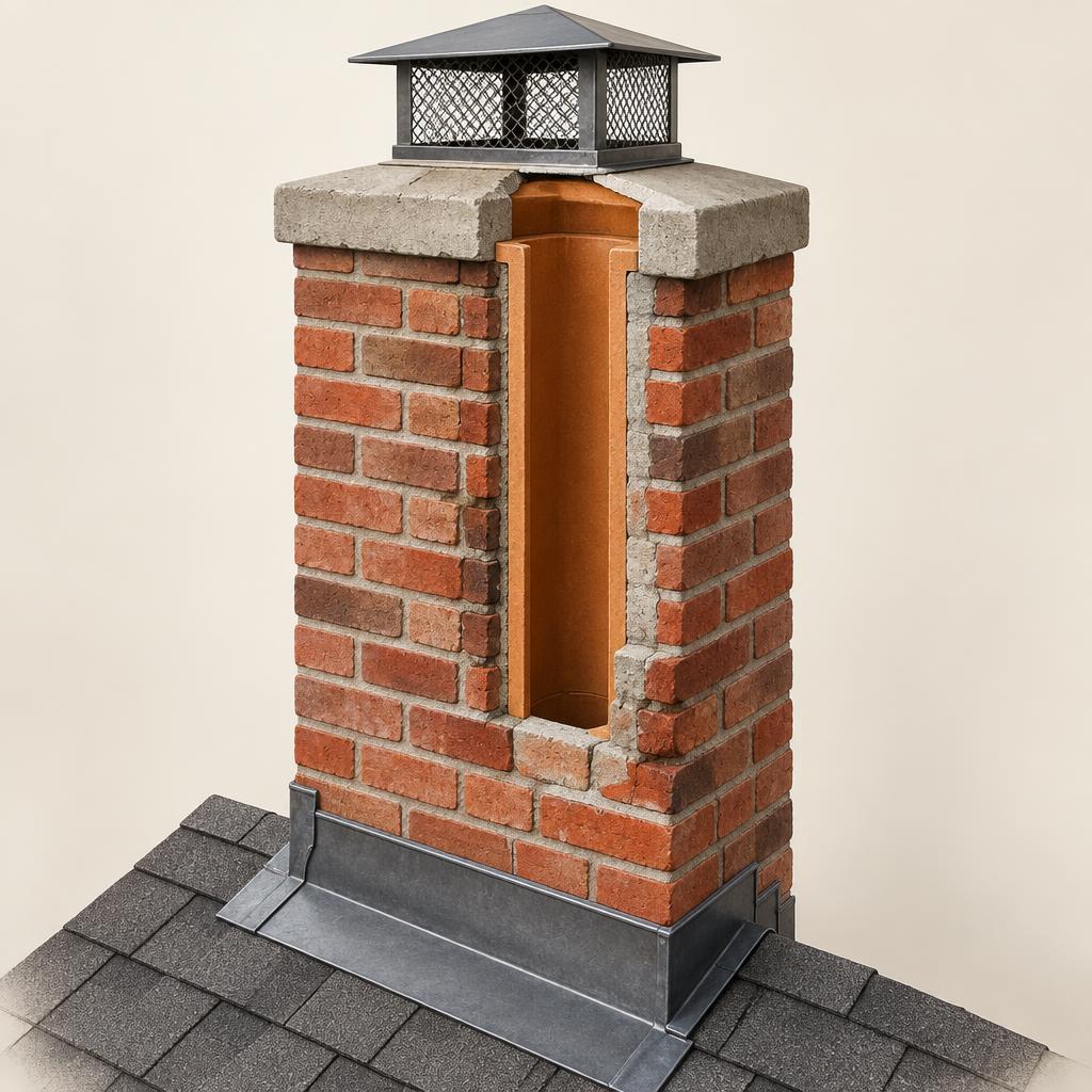 Cutaway guide showing chimney cap, crown, mortar, liner and roof flashing