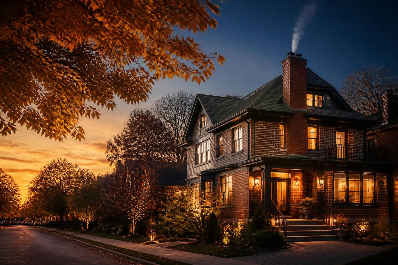 Toronto brick home with a smoking chimney at golden hour in autumn